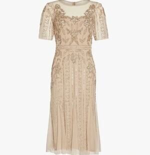 Adrianna Papell Illusion Beaded Mesh Boat Neck Dress Biscotti Party US 6 NWT